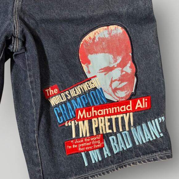Platinum FUBU Muhammad Ali Denim Shorts Men's W36 Blue Embroidered Vintage Y2K - Picture 4 of 7
